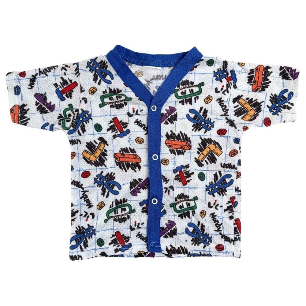 Vintage Baby Tool Print Snap Cardigan Shirt Blue Trim Handyman